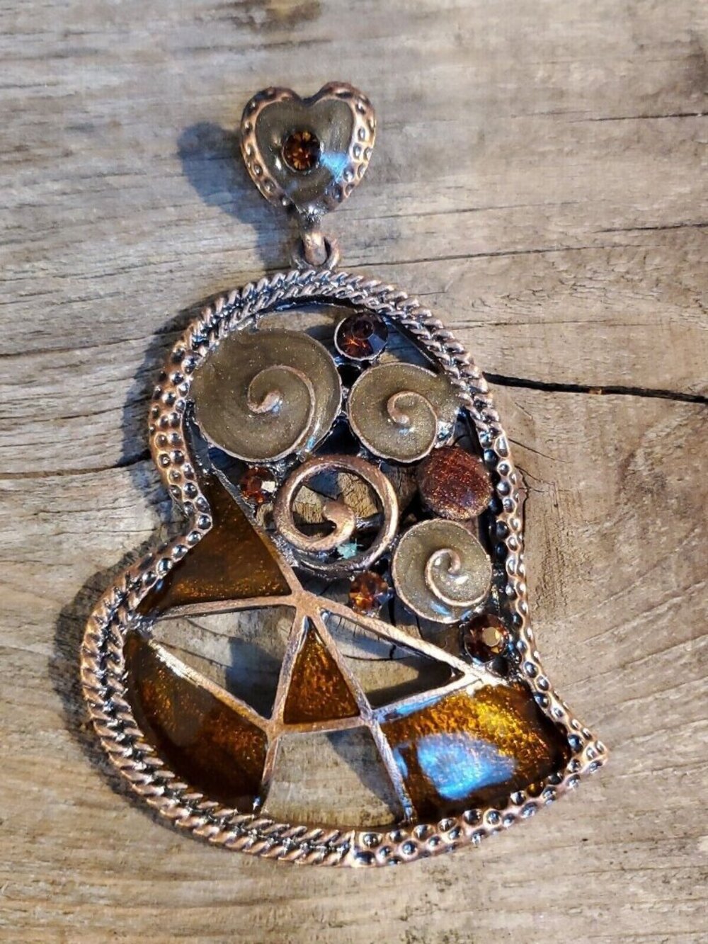 Antiqued Copper Melting Heart Amber Brown Enamel Crystal Large 81x50mm Pendant